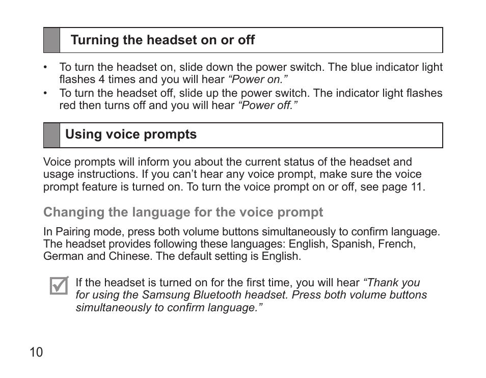 Turning the headset on or off, Using voice prompts | Samsung BHS3000 User Manual | Page 12 / 97