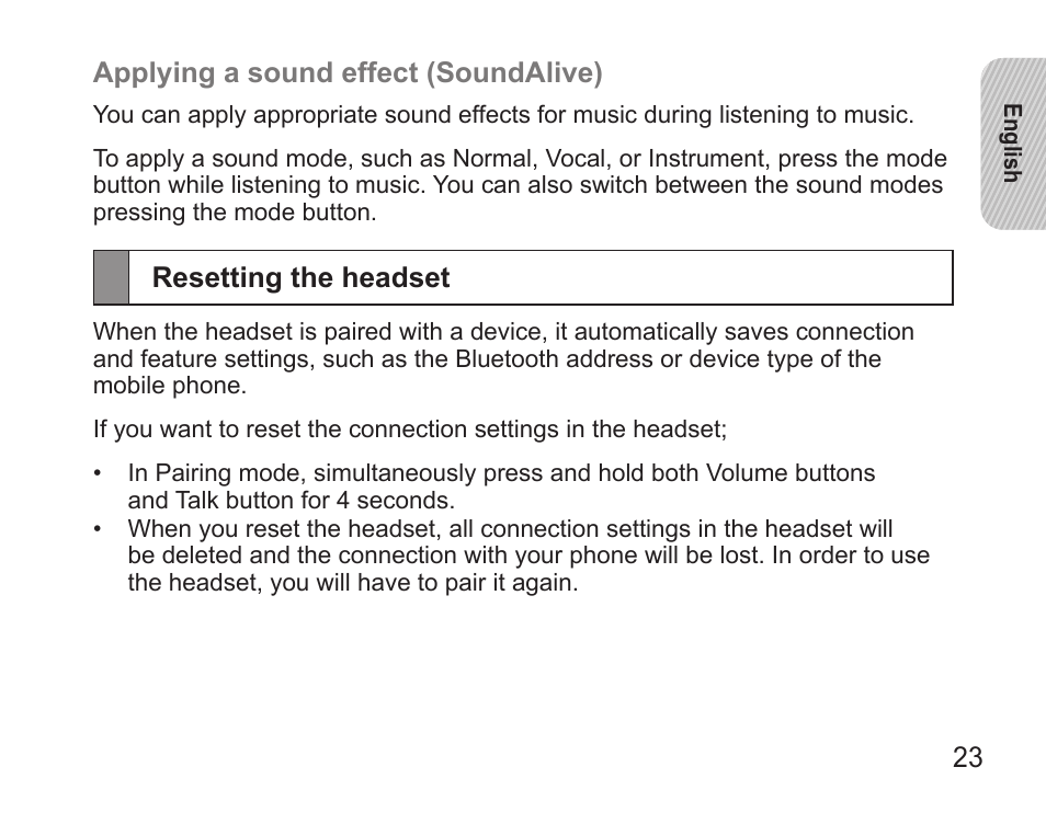 Resetting the headset | Samsung BHS3000 User Manual | Page 25 / 97