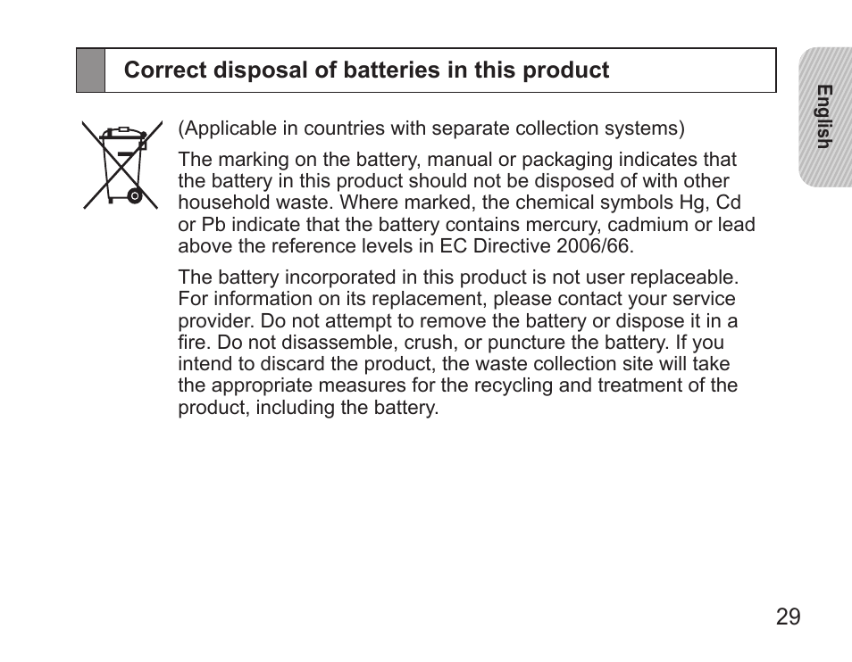 Correct disposal of batteries in this product | Samsung BHS3000 User Manual | Page 31 / 97