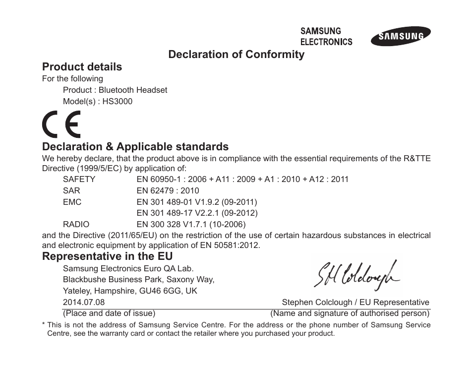 Declaration of conformity product details, Declaration & applicable standards, Representative in the eu | Samsung BHS3000 User Manual | Page 32 / 97