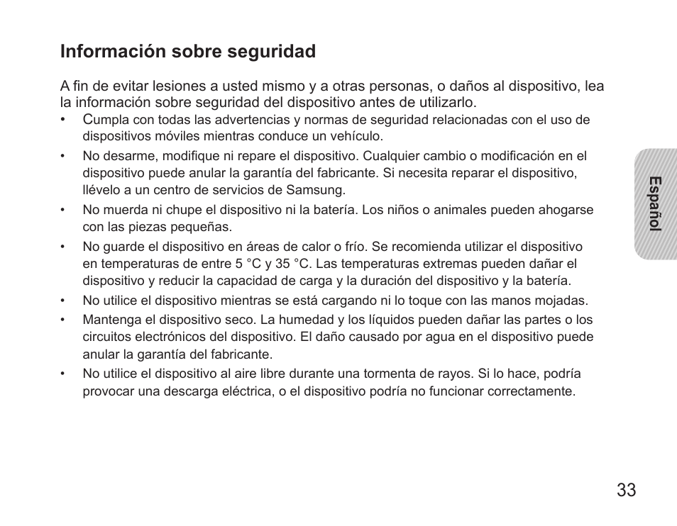 Información sobre seguridad | Samsung BHS3000 User Manual | Page 35 / 97