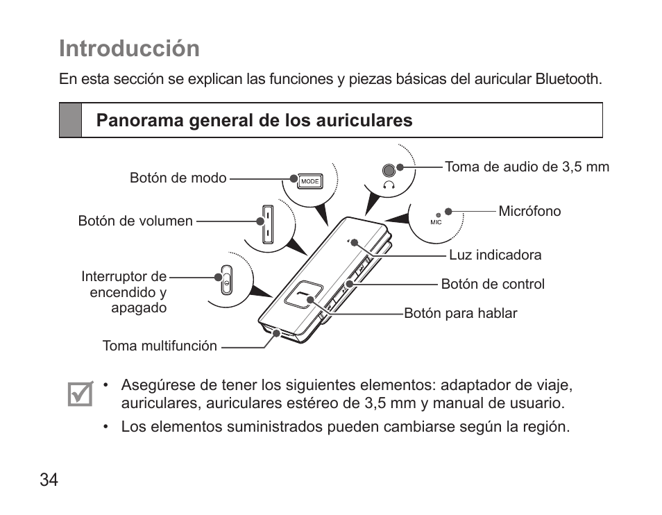 Introducción, Panorama general de los auriculares | Samsung BHS3000 User Manual | Page 36 / 97