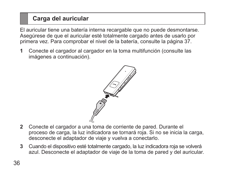 Carga del auricular | Samsung BHS3000 User Manual | Page 38 / 97