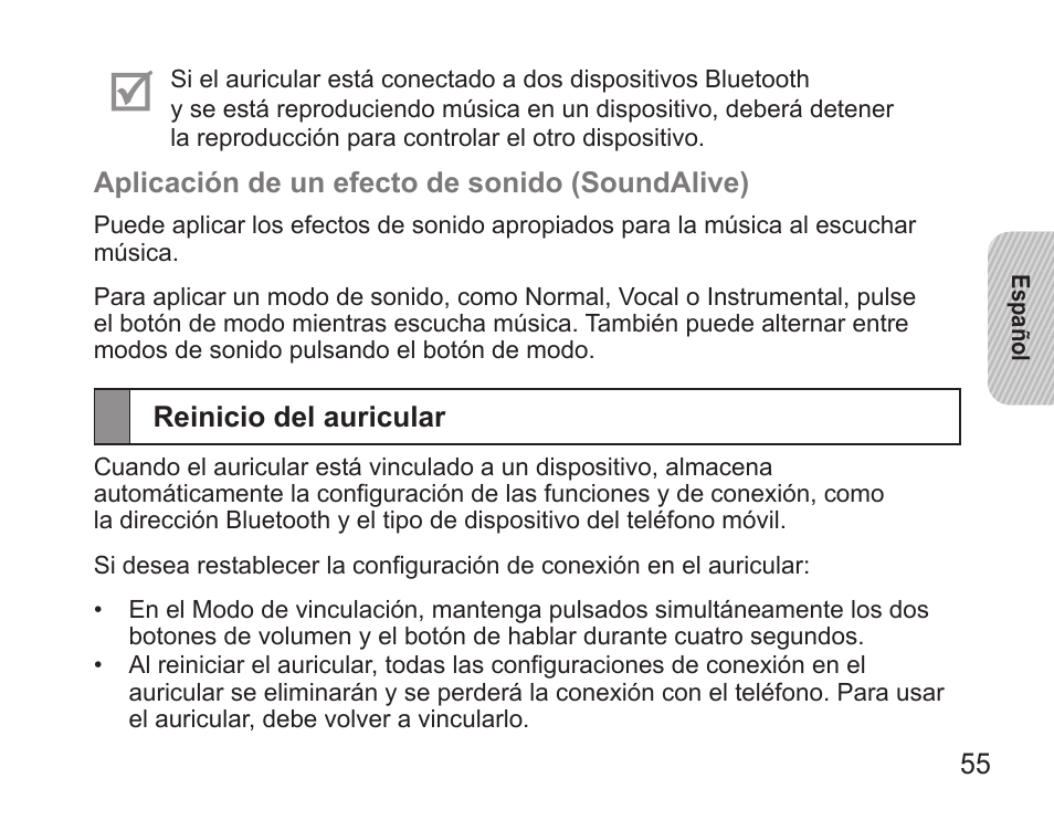 Reinicio del auricular | Samsung BHS3000 User Manual | Page 57 / 97