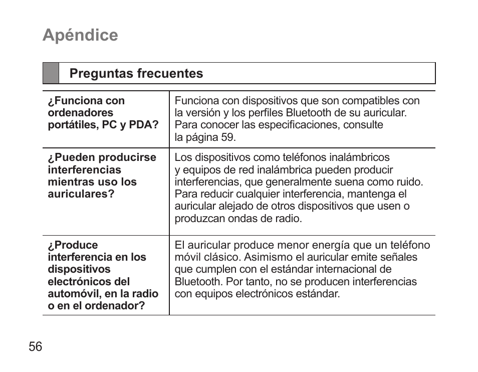 Apéndice, Preguntas frecuentes | Samsung BHS3000 User Manual | Page 58 / 97