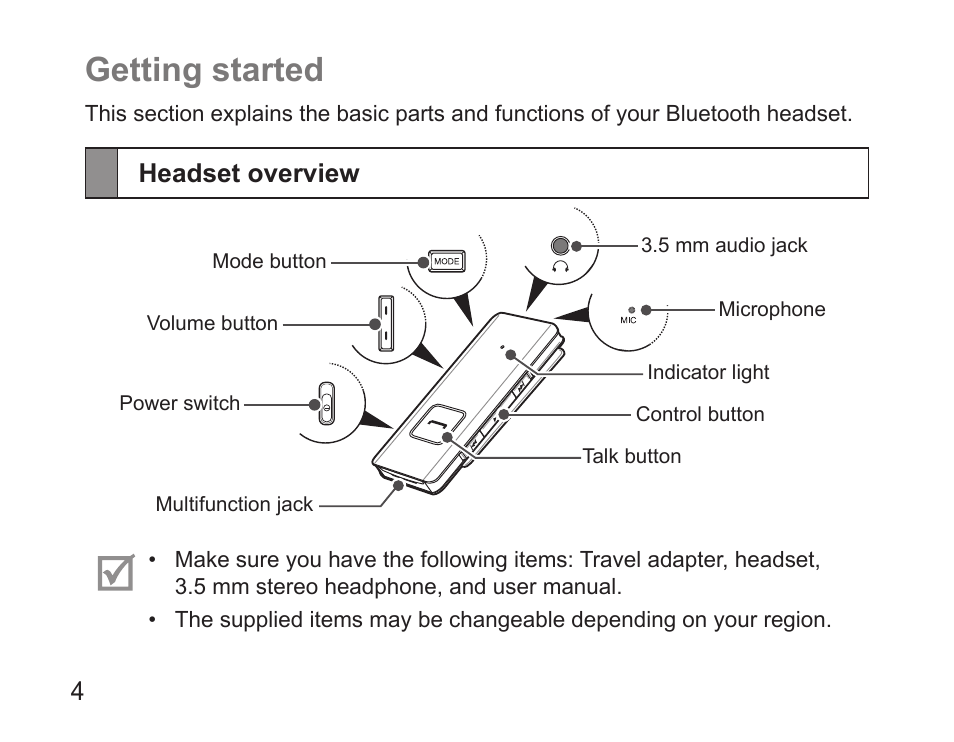 Getting started, Headset overview | Samsung BHS3000 User Manual | Page 6 / 97