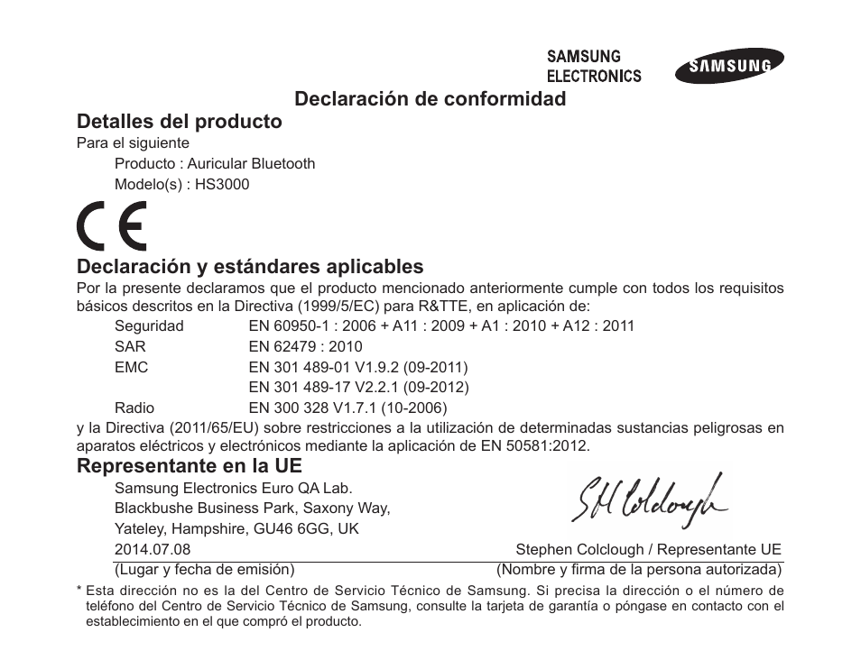 Declaración de conformidad detalles del producto, Declaración y estándares aplicables, Representante en la ue | Samsung BHS3000 User Manual | Page 64 / 97