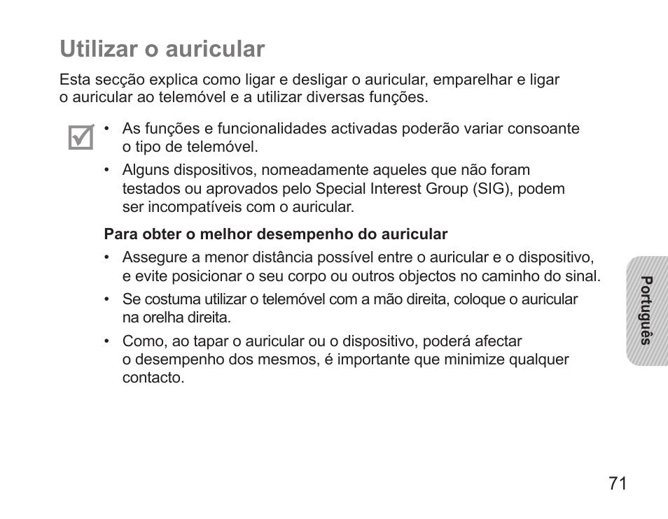 Utilizar o auricular | Samsung BHS3000 User Manual | Page 73 / 97