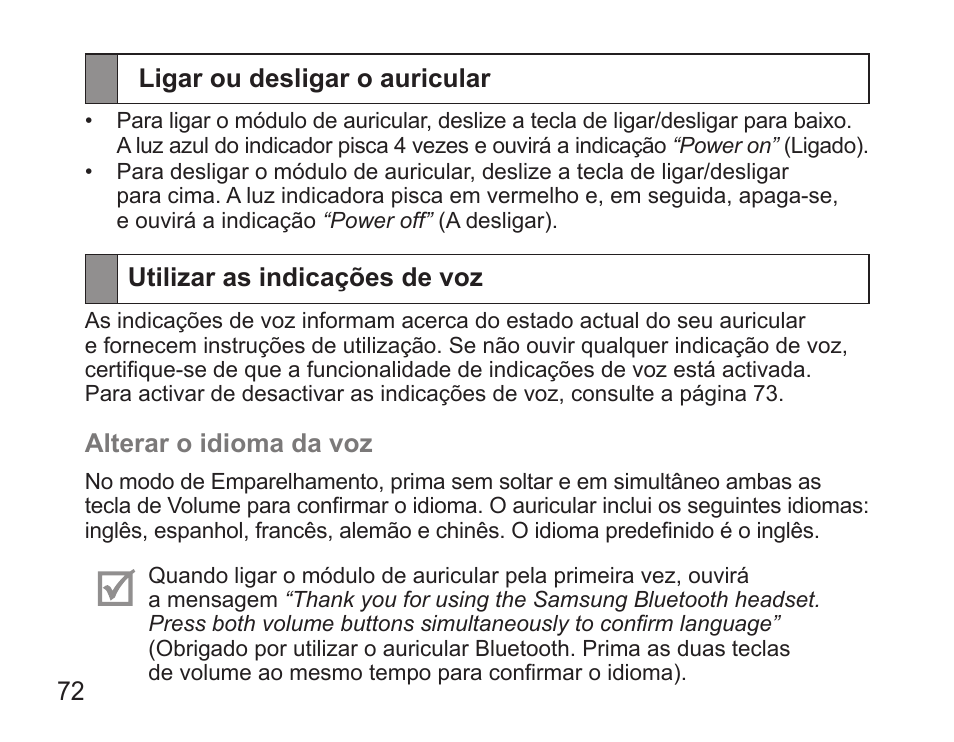 Ligar ou desligar o auricular, Utilizar as indicações de voz | Samsung BHS3000 User Manual | Page 74 / 97