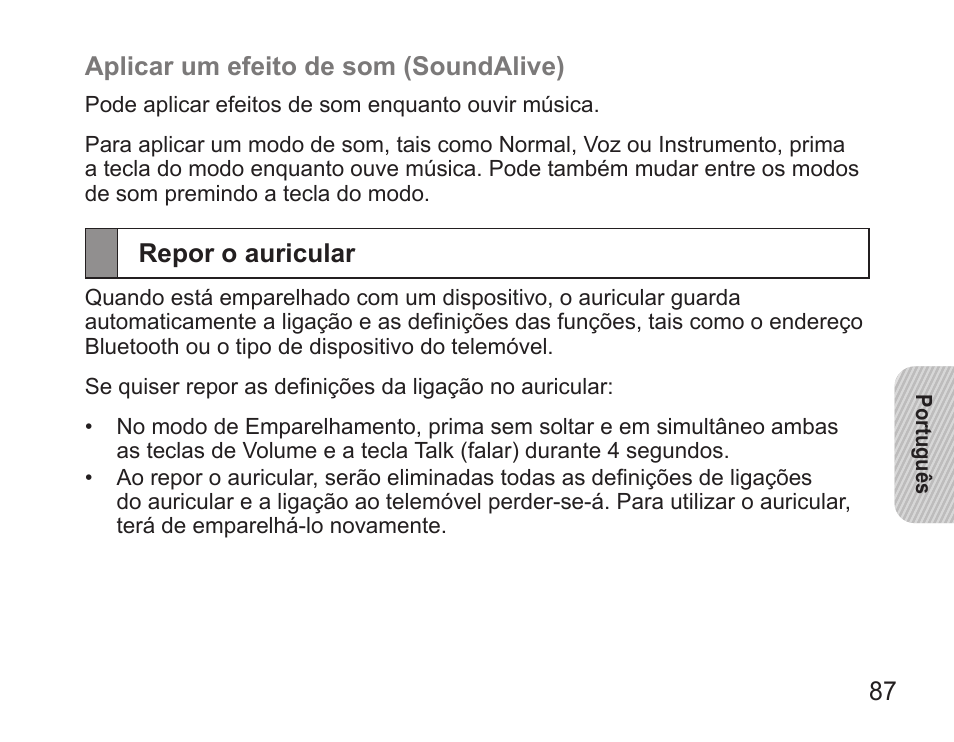 Repor o auricular | Samsung BHS3000 User Manual | Page 89 / 97