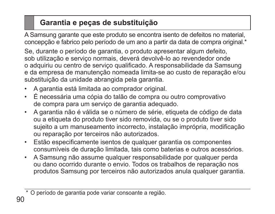 Garantia e peças de substituição | Samsung BHS3000 User Manual | Page 92 / 97