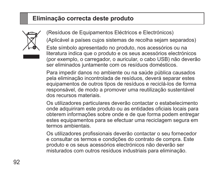 Eliminação correcta deste produto | Samsung BHS3000 User Manual | Page 94 / 97