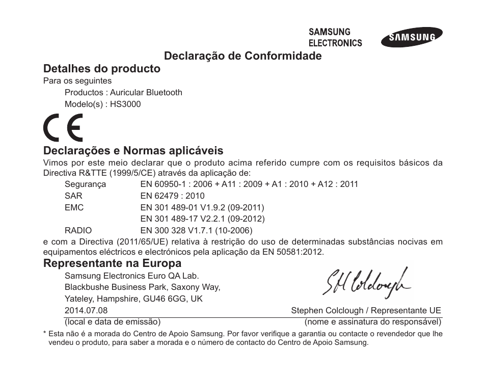 Declaração de conformidade detalhes do producto, Declarações e normas aplicáveis, Representante na europa | Samsung BHS3000 User Manual | Page 96 / 97