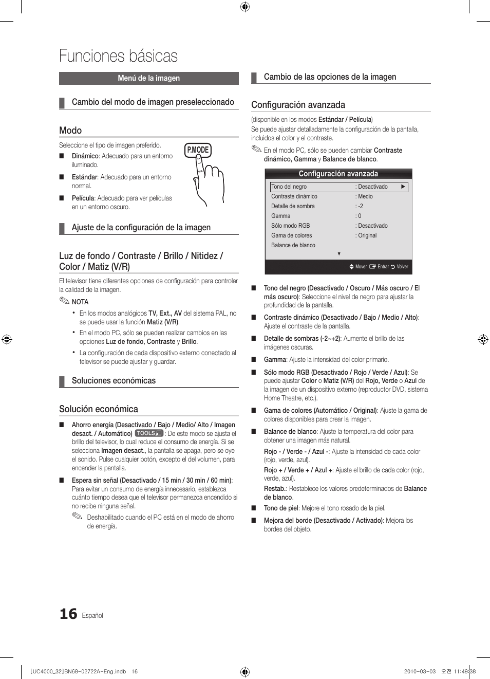 Funciones básicas, Modo, Solución económica | Configuración avanzada | Samsung UE32C4000PW User Manual | Page 104 / 265