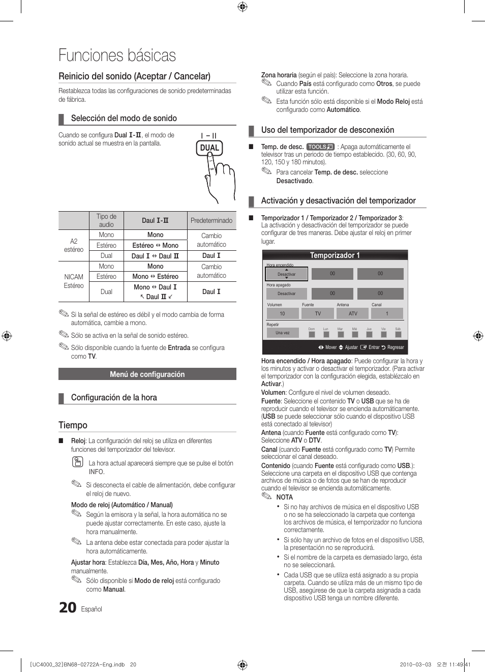 Funciones básicas, Reinicio del sonido (aceptar / cancelar), Tiempo | Samsung UE32C4000PW User Manual | Page 108 / 265