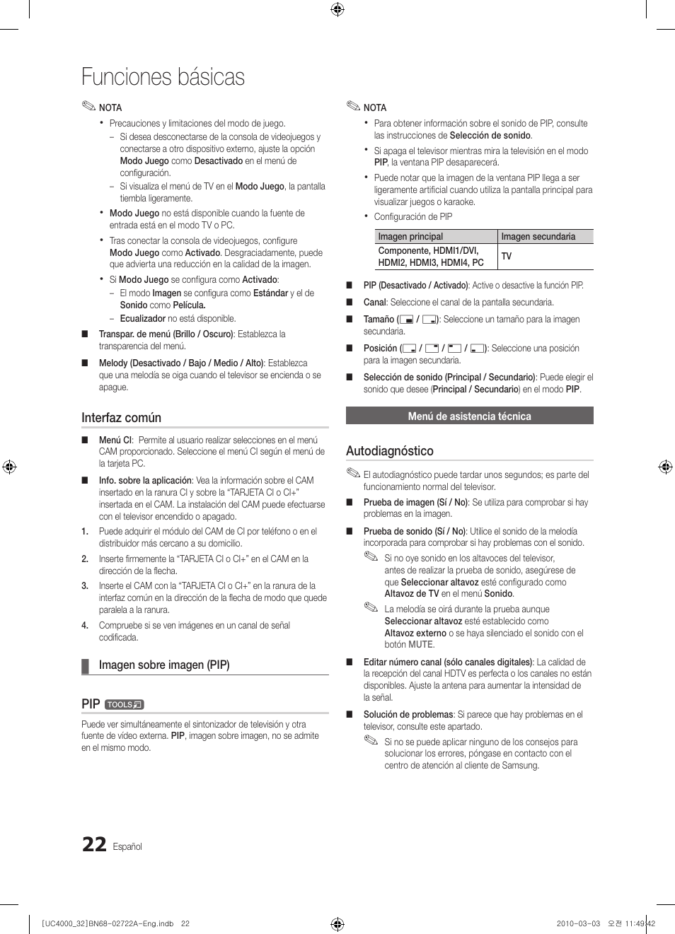 Funciones básicas, Interfaz común, Autodiagnóstico | Samsung UE32C4000PW User Manual | Page 110 / 265