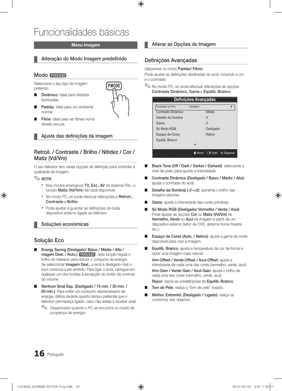 Funcionalidades básicas, Modo, Solução eco | Definições avançadas | Samsung UE32C4000PW User Manual | Page 148 / 265
