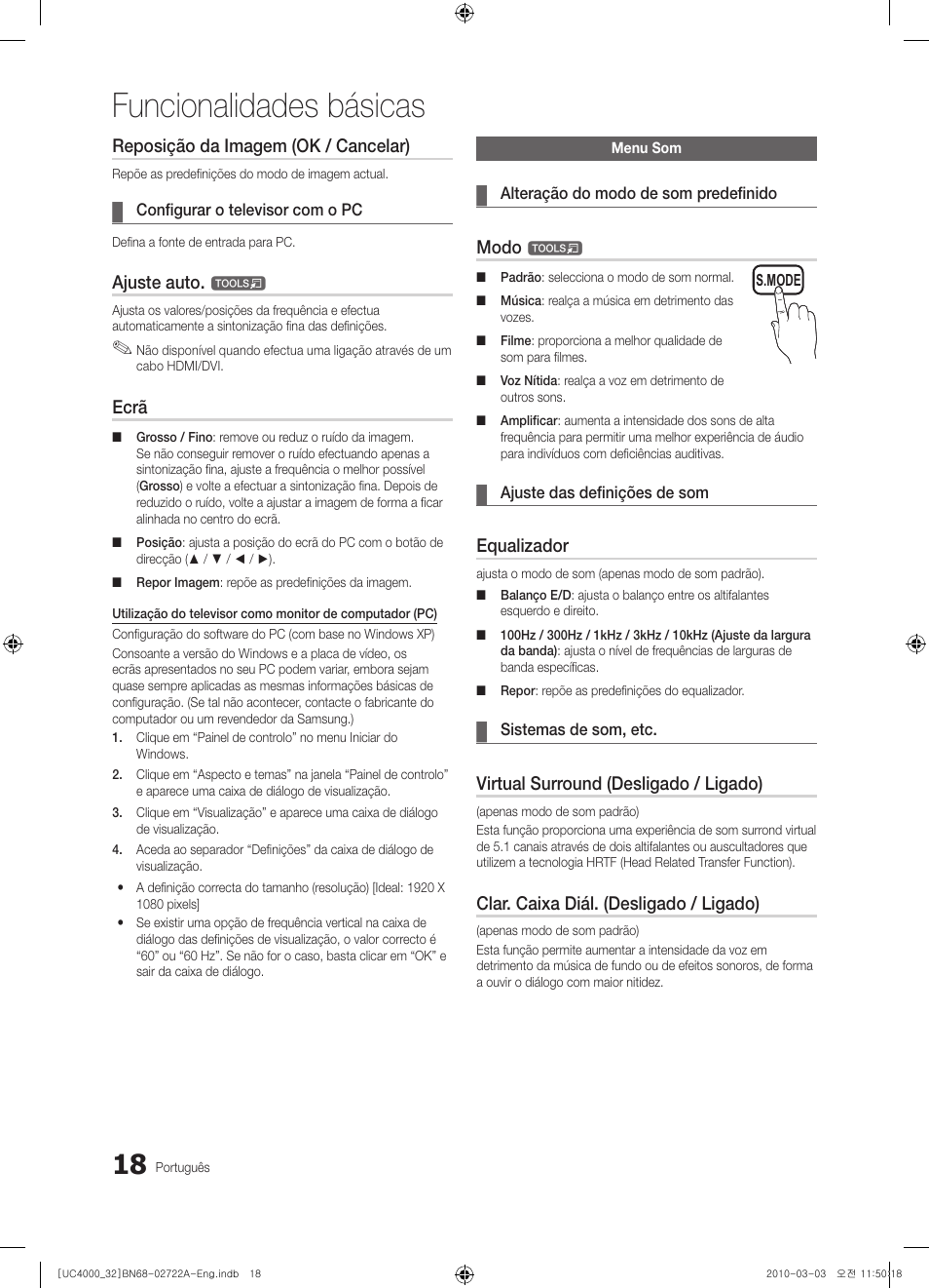 Funcionalidades básicas, Reposição da imagem (ok / cancelar), Ajuste auto | Ecrã, Modo, Equalizador, Virtual surround (desligado / ligado), Clar. caixa diál. (desligado / ligado) | Samsung UE32C4000PW User Manual | Page 150 / 265