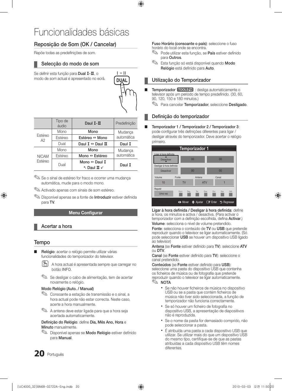 Funcionalidades básicas, Reposição de som (ok / cancelar), Tempo | Samsung UE32C4000PW User Manual | Page 152 / 265