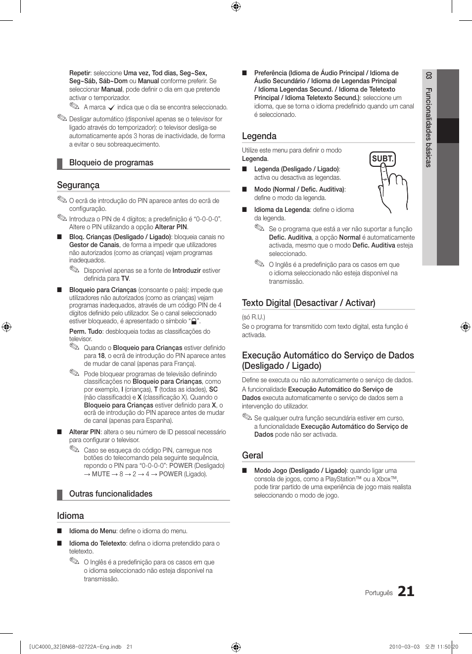 Segurança, Idioma, Legenda | Texto digital (desactivar / activar), Geral | Samsung UE32C4000PW User Manual | Page 153 / 265