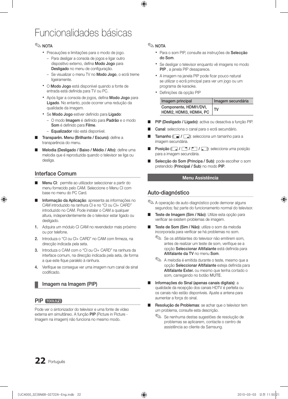 Funcionalidades básicas, Interface comum, Auto-diagnóstico | Samsung UE32C4000PW User Manual | Page 154 / 265