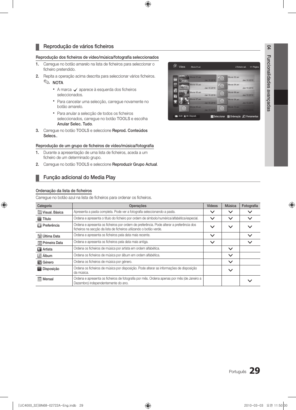 Reprodução de vários ficheiros, Função adicional do media play | Samsung UE32C4000PW User Manual | Page 161 / 265
