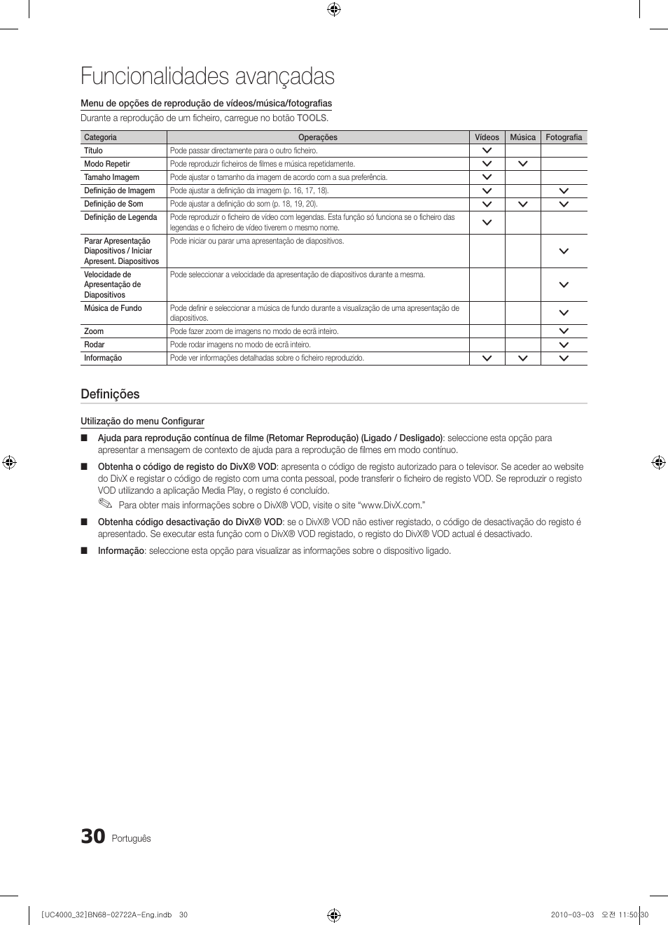 Funcionalidades avançadas, Definições | Samsung UE32C4000PW User Manual | Page 162 / 265