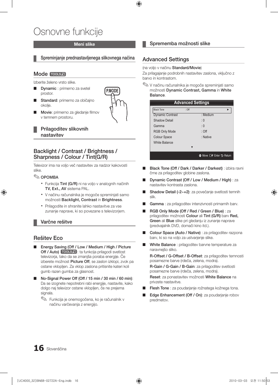 Osnovne funkcije, Mode, Rešitev eco | Advanced settings | Samsung UE32C4000PW User Manual | Page 192 / 265