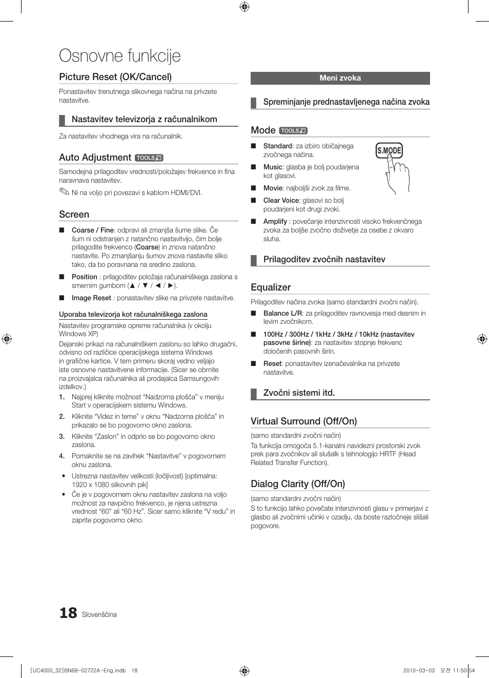 Osnovne funkcije, Picture reset (ok/cancel), Auto adjustment | Screen, Mode, Equalizer, Virtual surround (off/on), Dialog clarity (off/on) | Samsung UE32C4000PW User Manual | Page 194 / 265