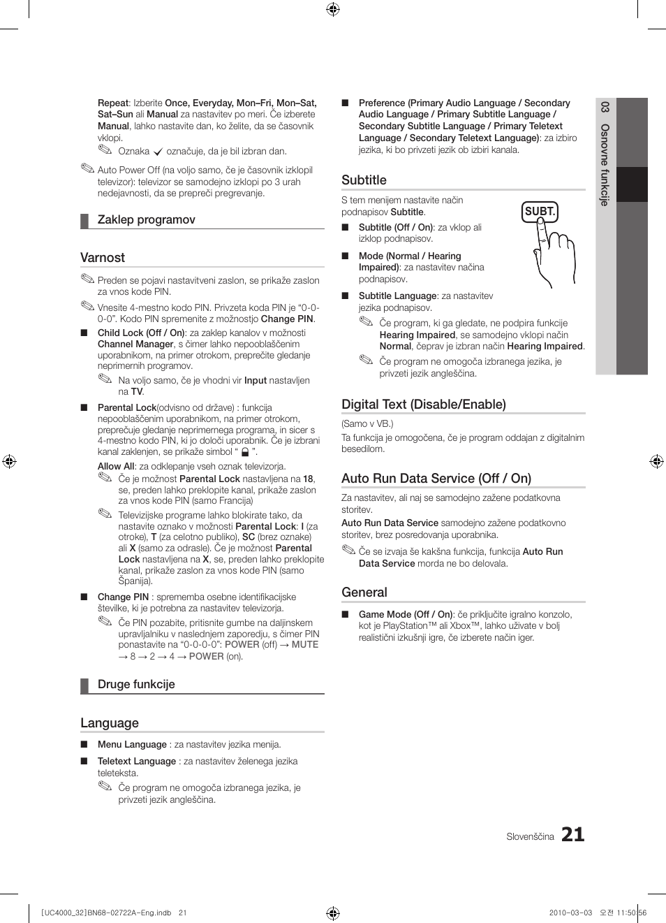 Varnost, Language, Subtitle | Digital text (disable/enable), Auto run data service (off / on), General | Samsung UE32C4000PW User Manual | Page 197 / 265