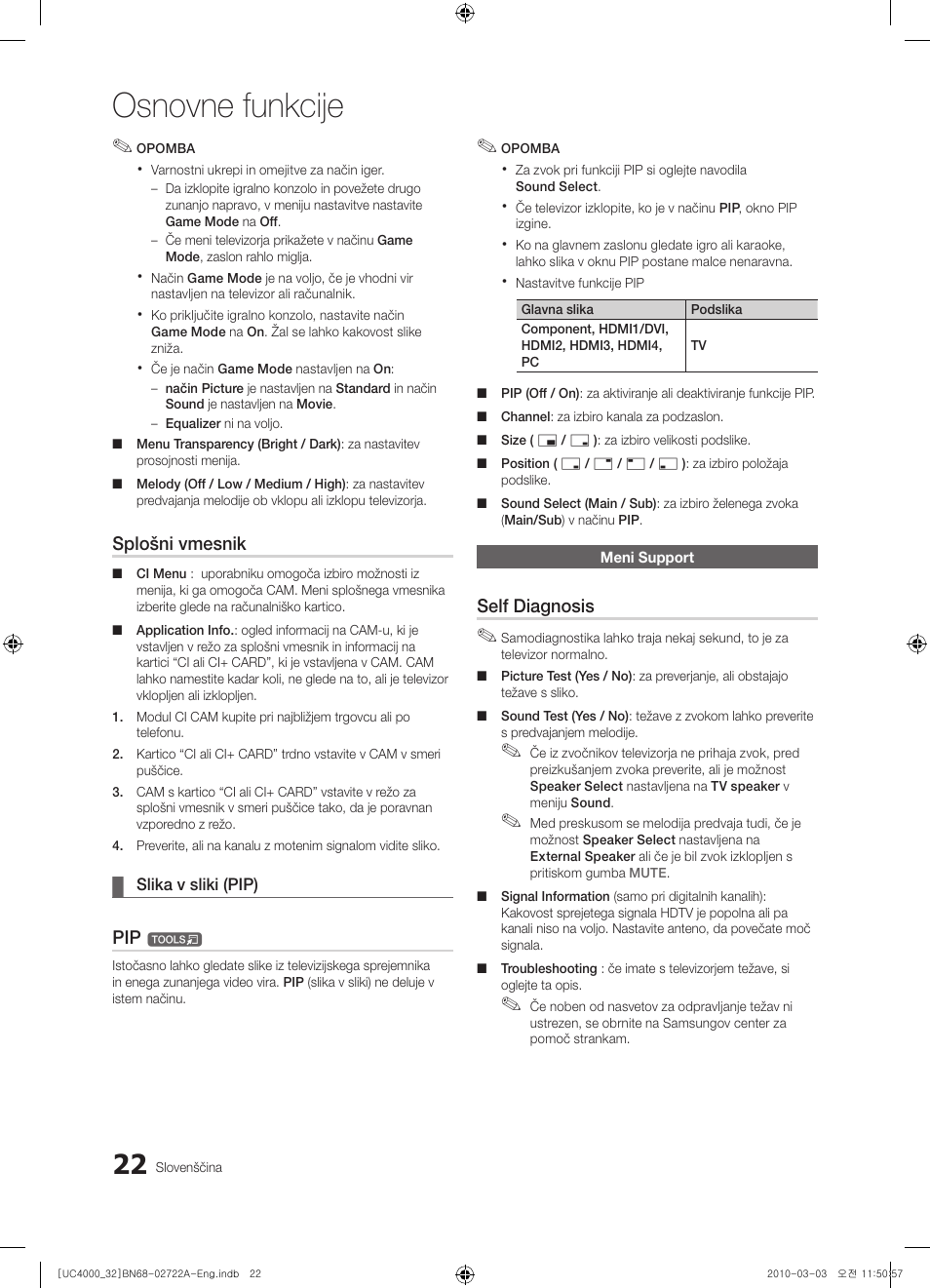 Osnovne funkcije, Splošni vmesnik, Self diagnosis | Samsung UE32C4000PW User Manual | Page 198 / 265