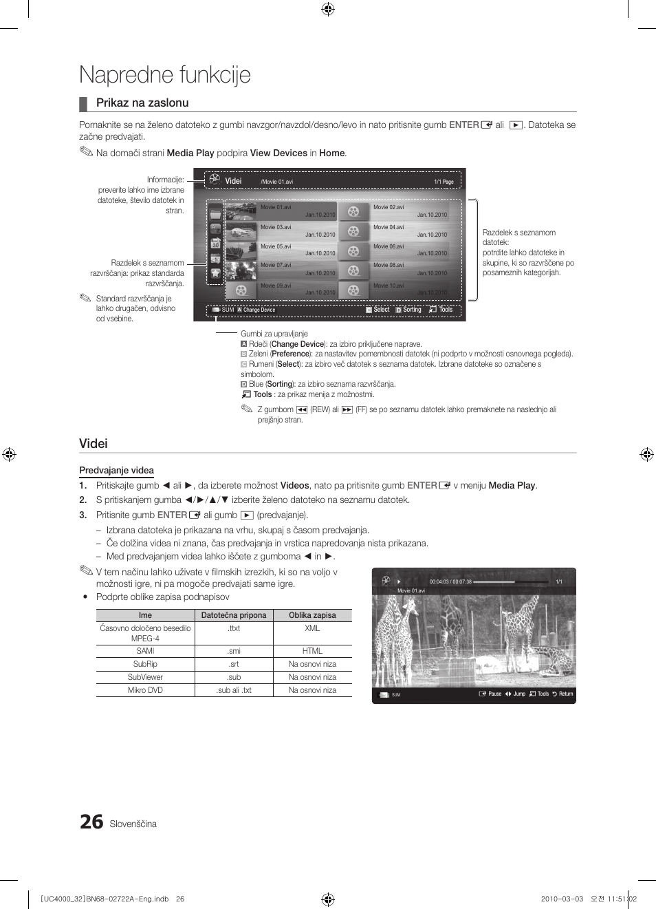 Napredne funkcije, Videi, Prikaz na zaslonu | Samsung UE32C4000PW User Manual | Page 202 / 265