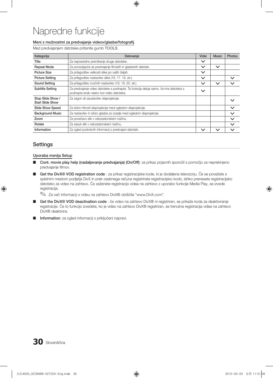 Napredne funkcije, Settings | Samsung UE32C4000PW User Manual | Page 206 / 265