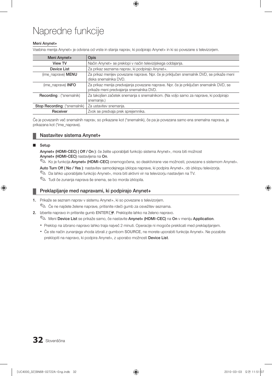 Napredne funkcije | Samsung UE32C4000PW User Manual | Page 208 / 265