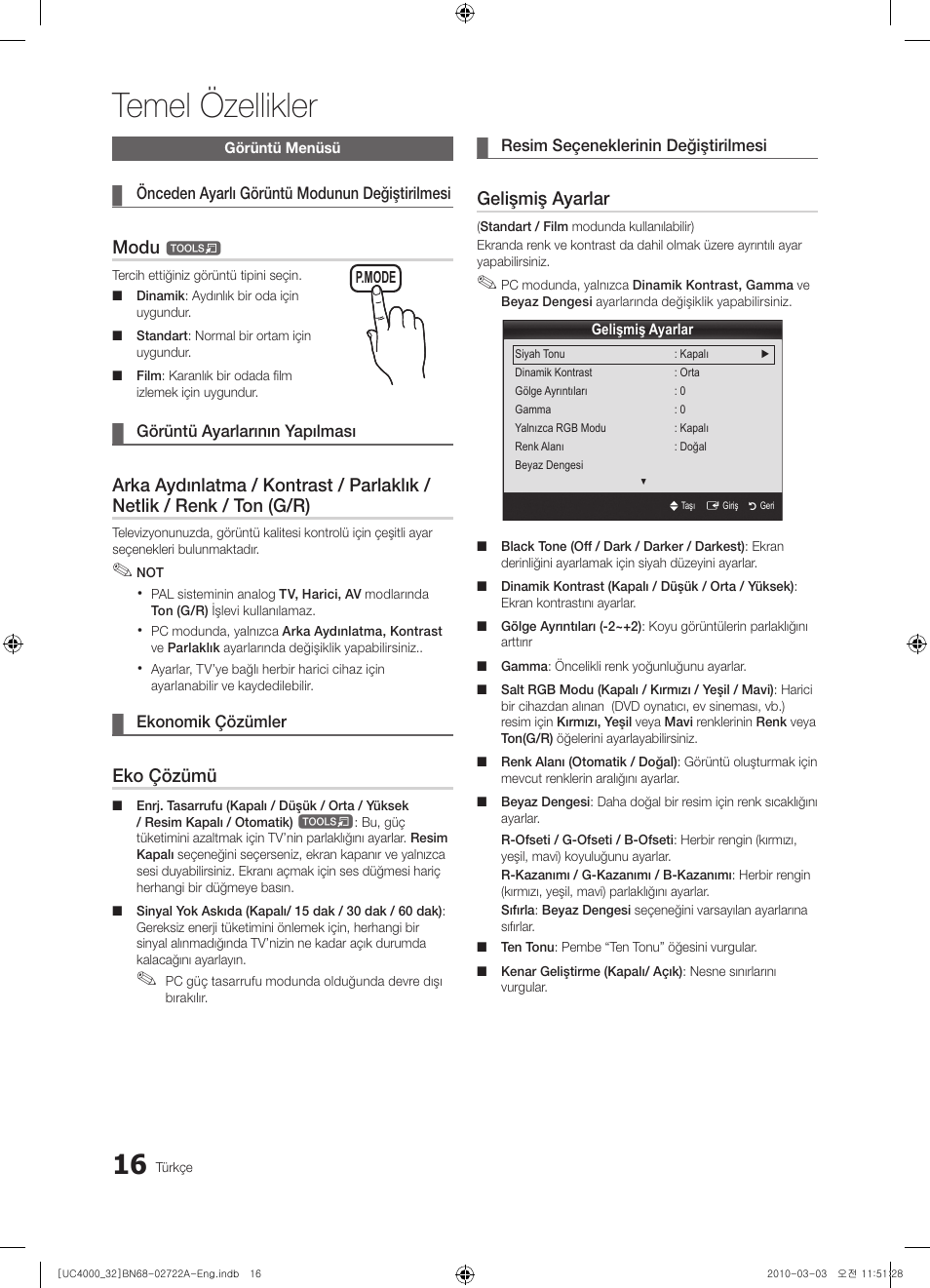 Temel özellikler, Modu, Eko çözümü | Gelişmiş ayarlar | Samsung UE32C4000PW User Manual | Page 236 / 265