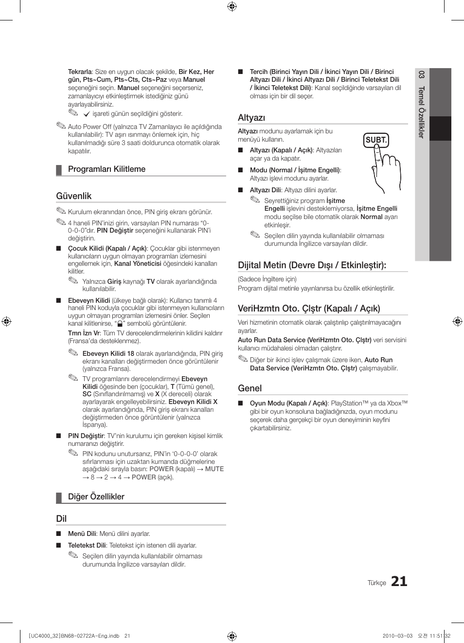 Güvenlik, Altyazı, Dijital metin (devre dışı / etkinleştir) | Verihzmtn oto. çlştr (kapalı / açık), Genel | Samsung UE32C4000PW User Manual | Page 241 / 265