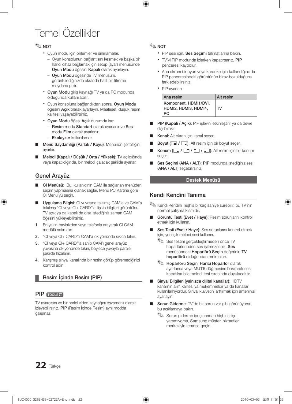 Temel özellikler, Genel arayüz, Kendi kendini tanıma | Samsung UE32C4000PW User Manual | Page 242 / 265