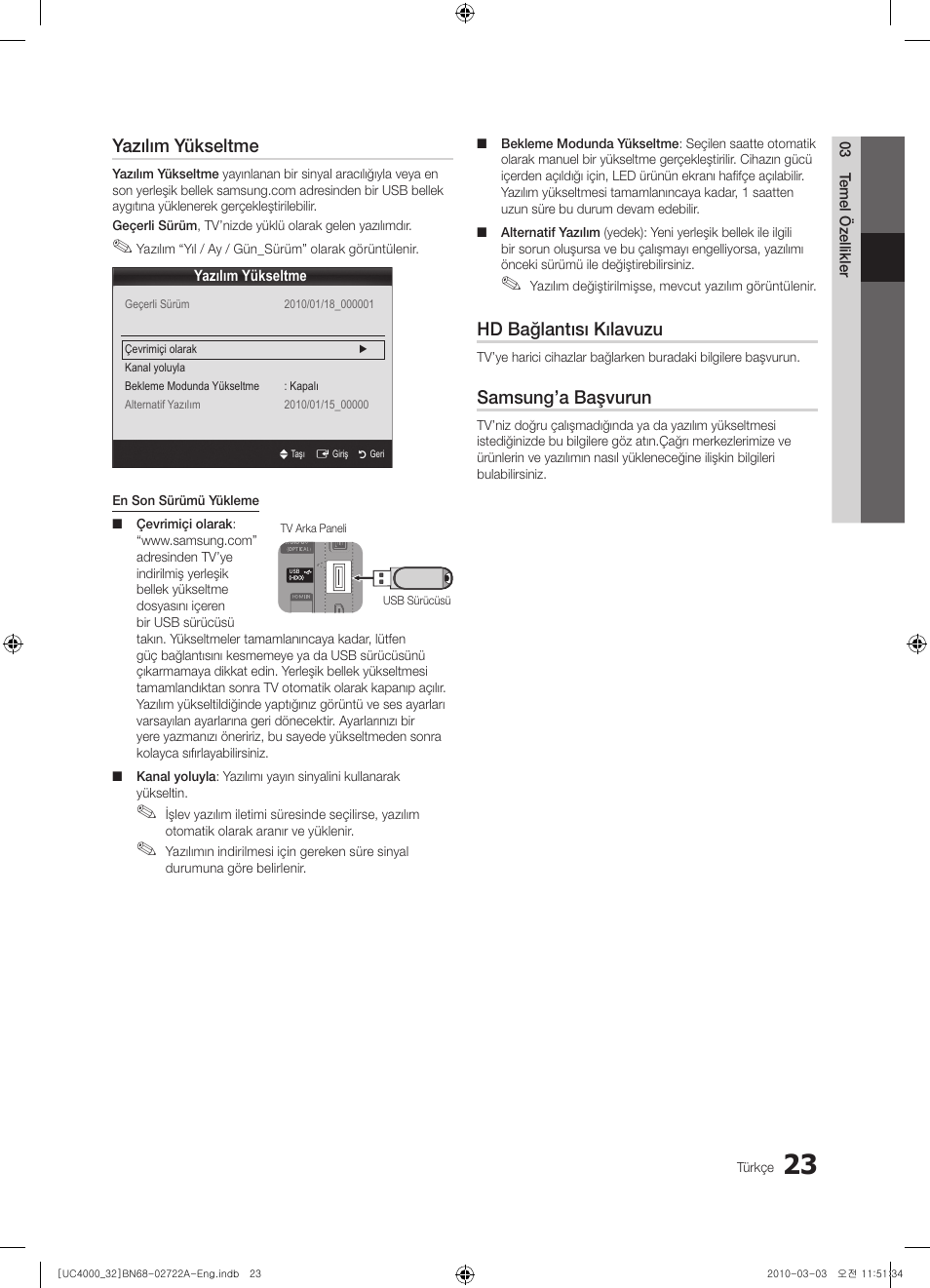 Yazılım yükseltme, Hd bağlantısı kılavuzu, Samsung’a başvurun | Samsung UE32C4000PW User Manual | Page 243 / 265