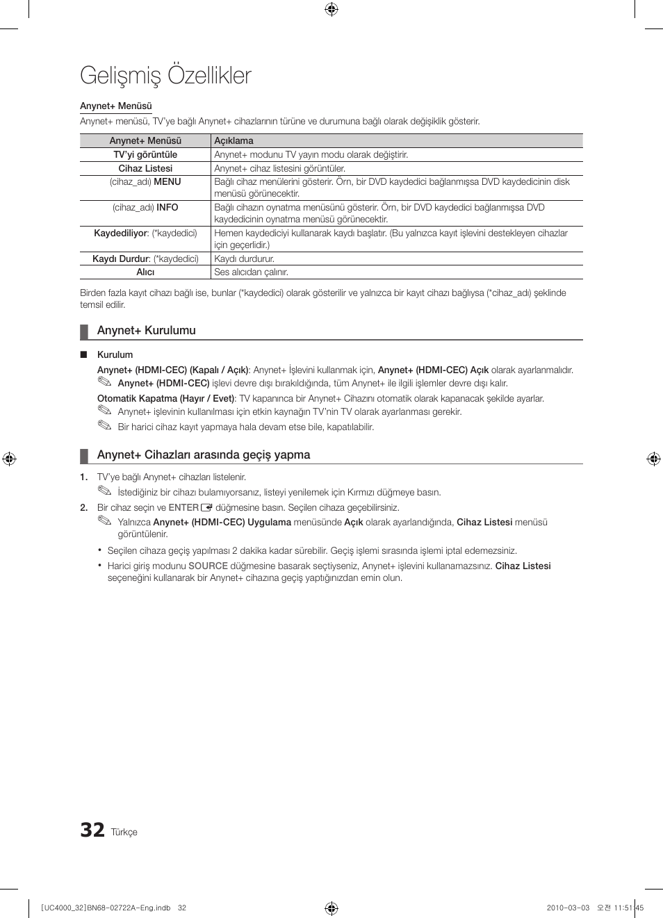 Gelişmiş özellikler | Samsung UE32C4000PW User Manual | Page 252 / 265