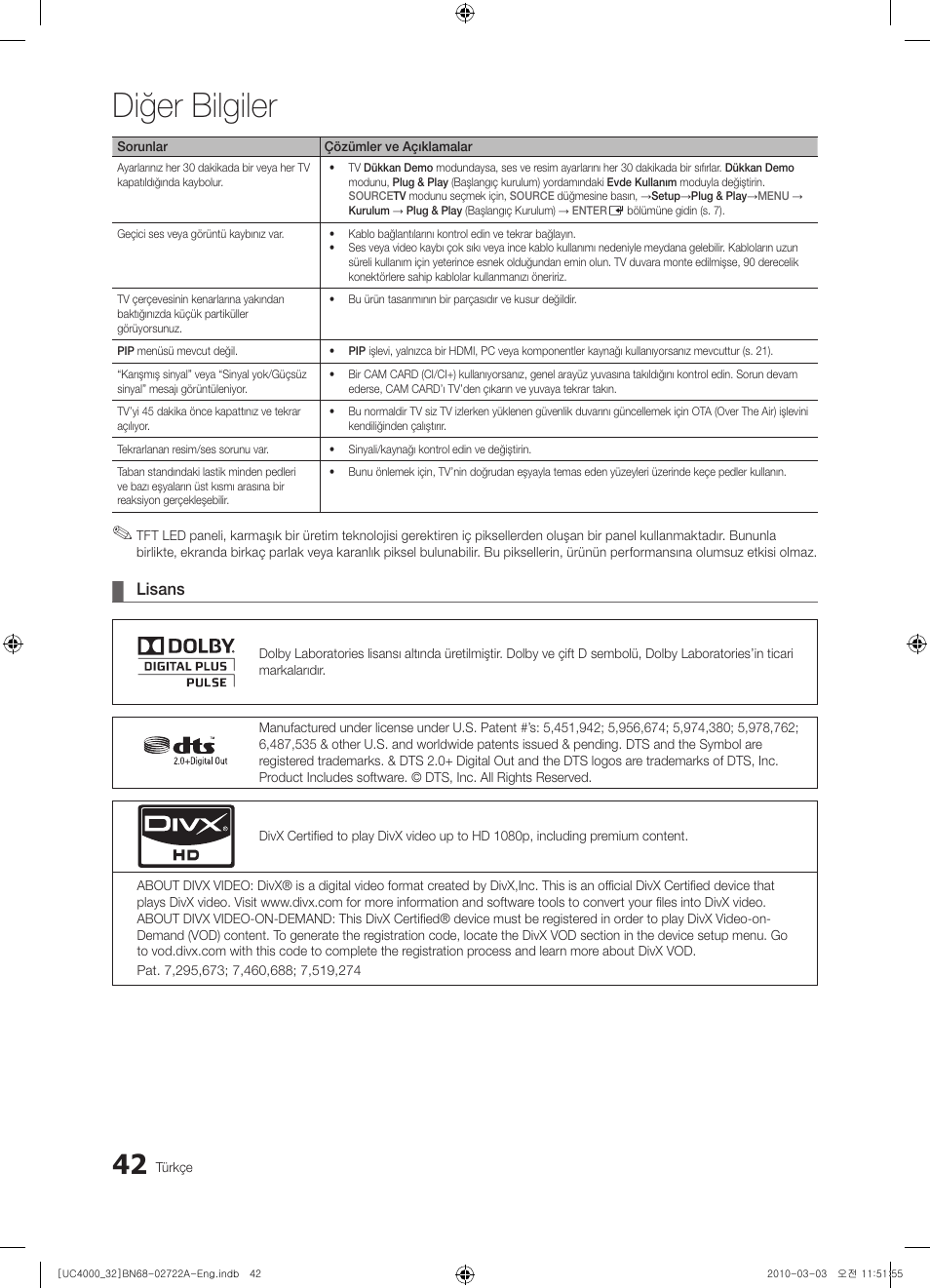 Diğer bilgiler | Samsung UE32C4000PW User Manual | Page 262 / 265