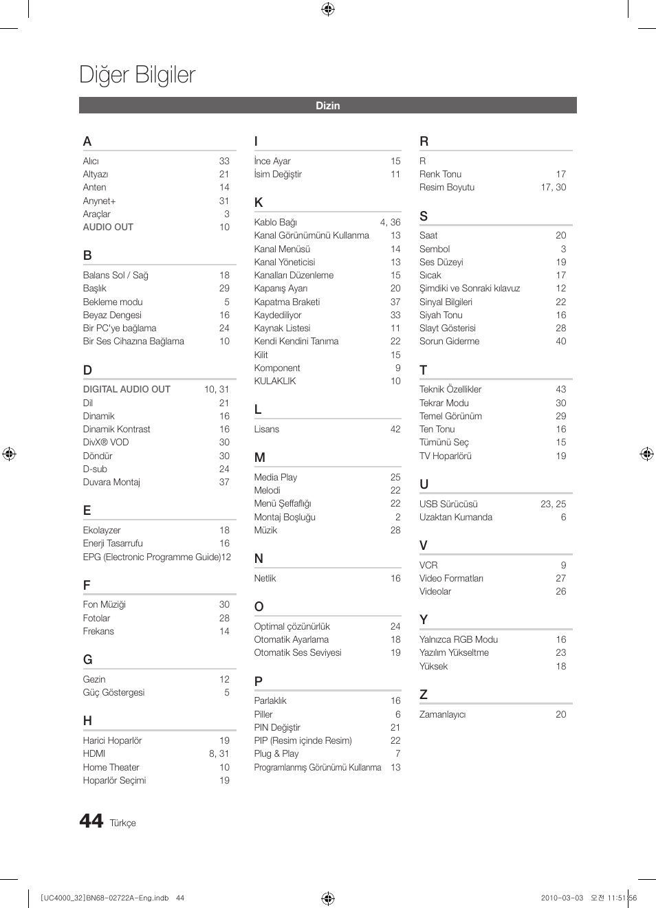 Diğer bilgiler | Samsung UE32C4000PW User Manual | Page 264 / 265