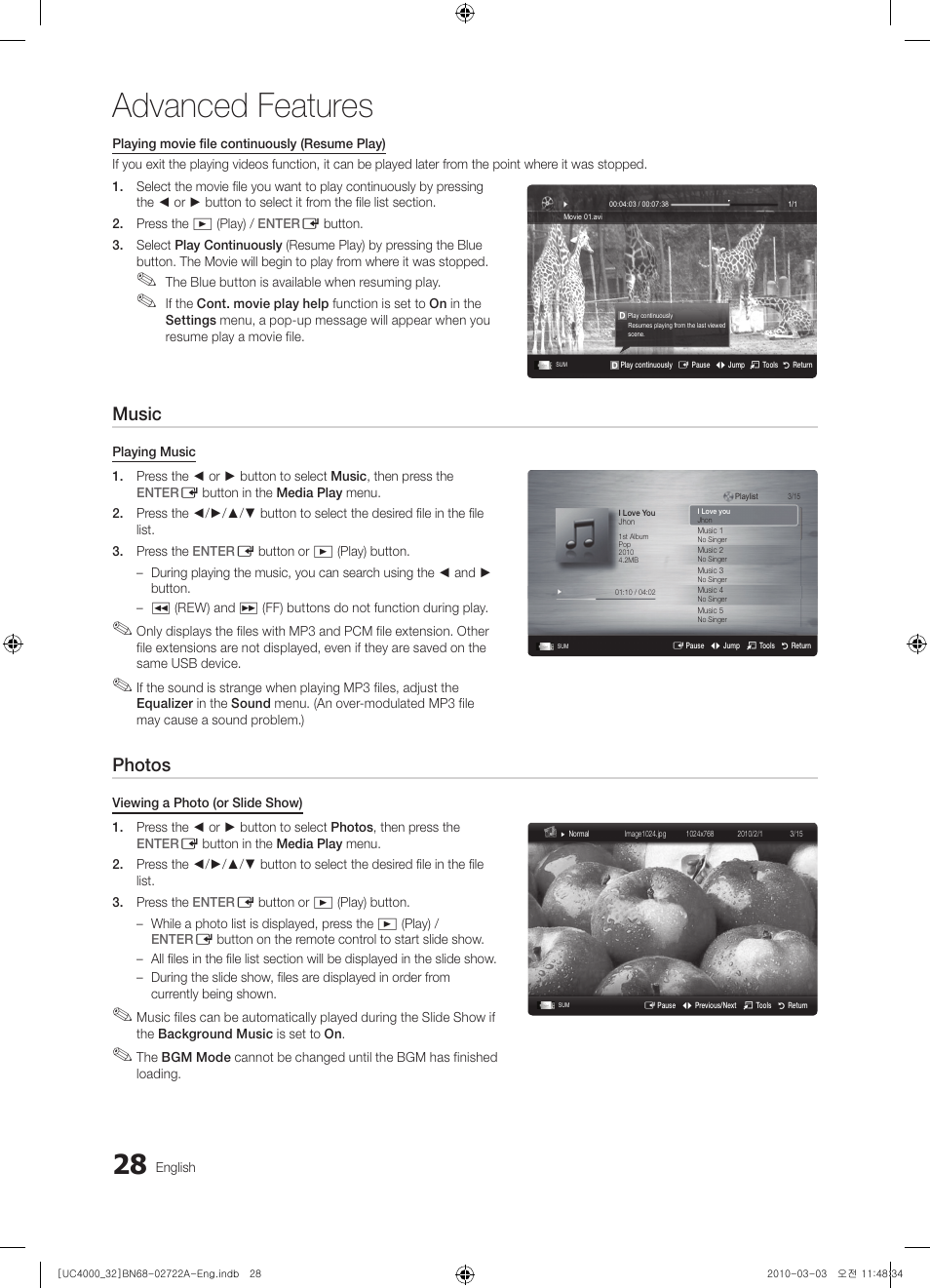 Advanced features, Music, Photos | Samsung UE32C4000PW User Manual | Page 28 / 265