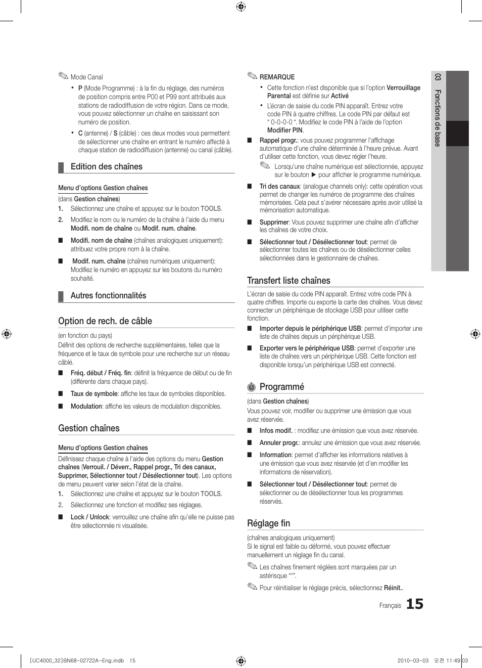 Option de rech. de câble, Gestion chaînes, Transfert liste chaînes | Programmé, Réglage fin | Samsung UE32C4000PW User Manual | Page 59 / 265