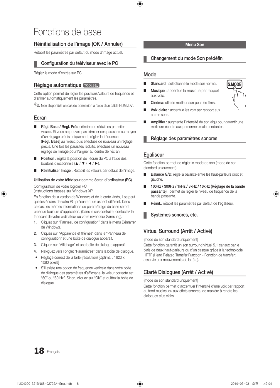 Fonctions de base, Réinitialisation de l’image (ok / annuler), Réglage automatique | Ecran, Mode, Egaliseur, Virtual surround (arrêt / activé), Clarté dialogues (arrêt / activé) | Samsung UE32C4000PW User Manual | Page 62 / 265