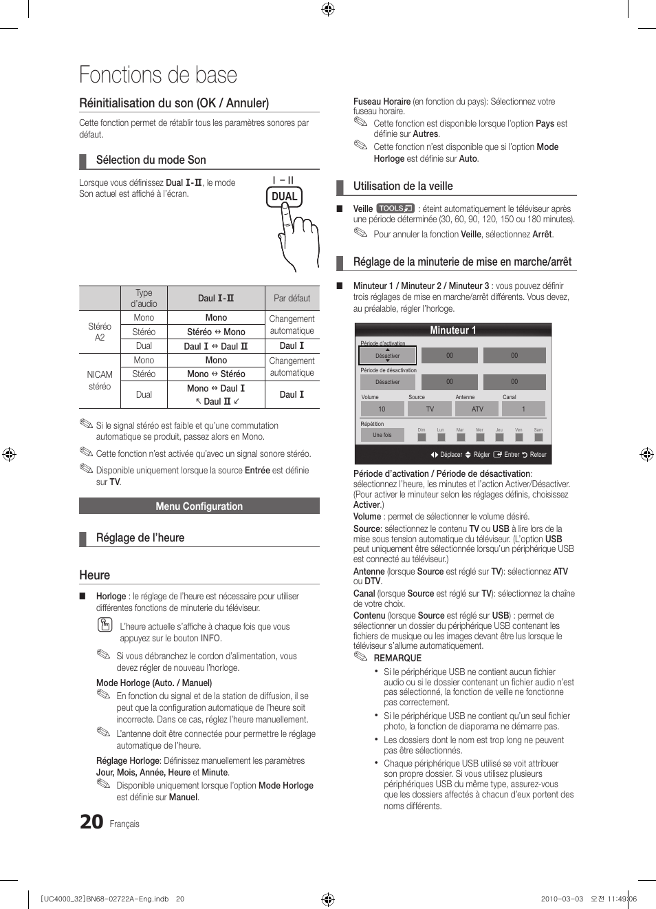 Fonctions de base, Réinitialisation du son (ok / annuler), Heure | Samsung UE32C4000PW User Manual | Page 64 / 265
