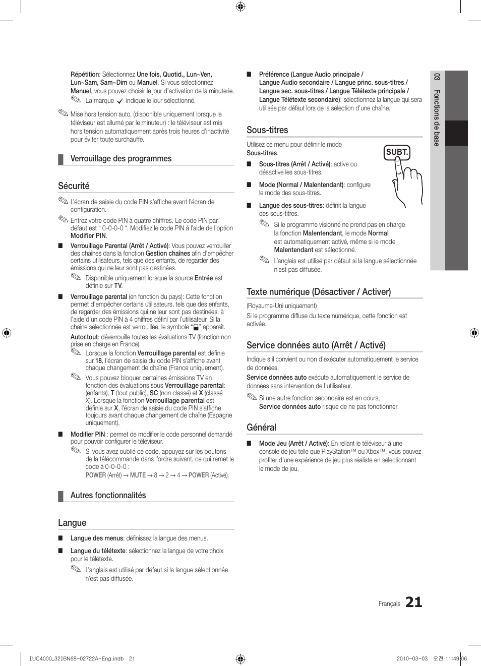Sécurité, Langue, Sous-titres | Texte numérique (désactiver / activer), Service données auto (arrêt / activé), Général | Samsung UE32C4000PW User Manual | Page 65 / 265