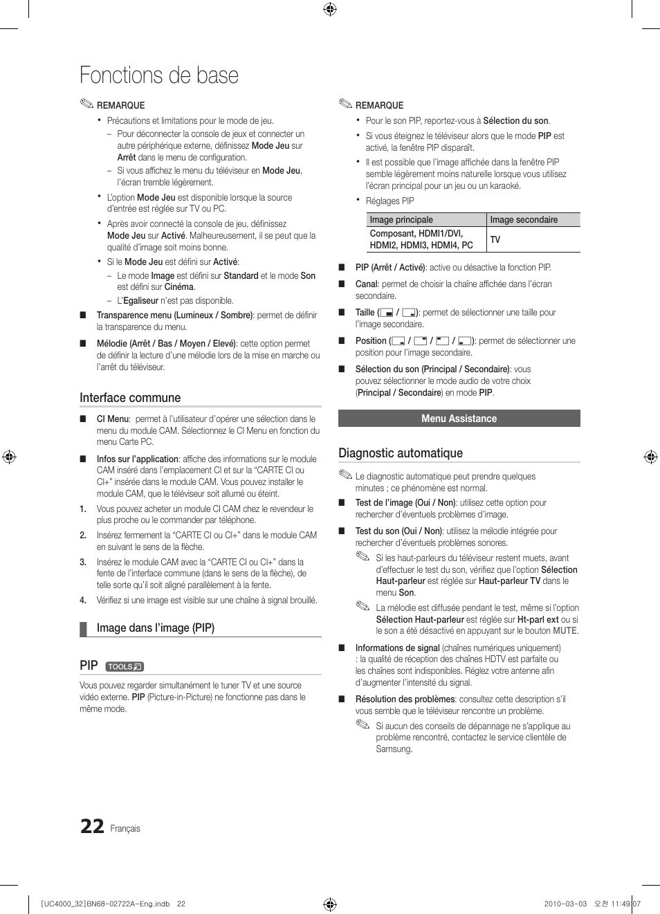 Fonctions de base, Interface commune, Diagnostic automatique | Samsung UE32C4000PW User Manual | Page 66 / 265