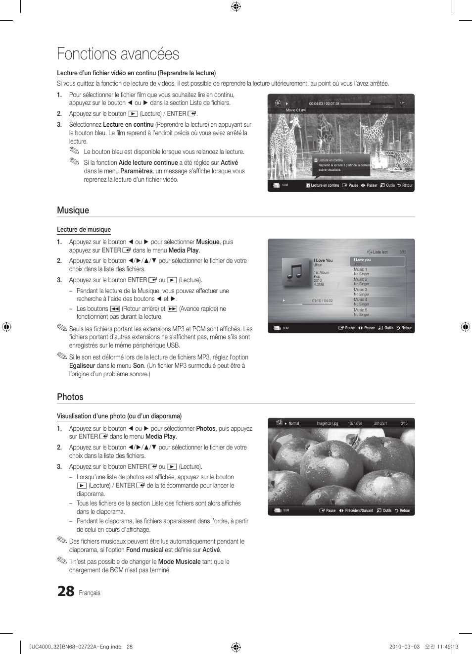 Fonctions avancées, Musique, Photos | Samsung UE32C4000PW User Manual | Page 72 / 265