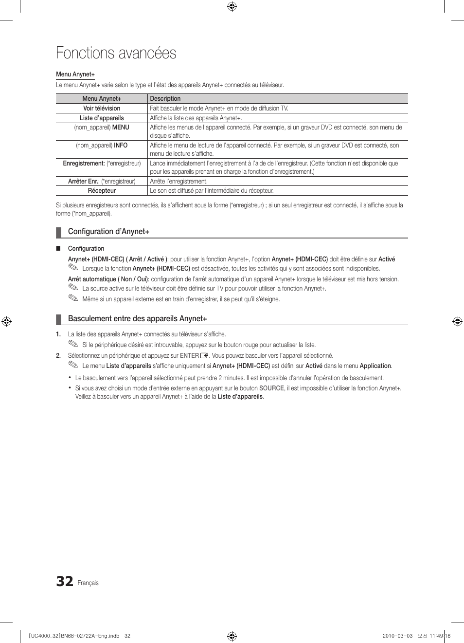 Fonctions avancées | Samsung UE32C4000PW User Manual | Page 76 / 265