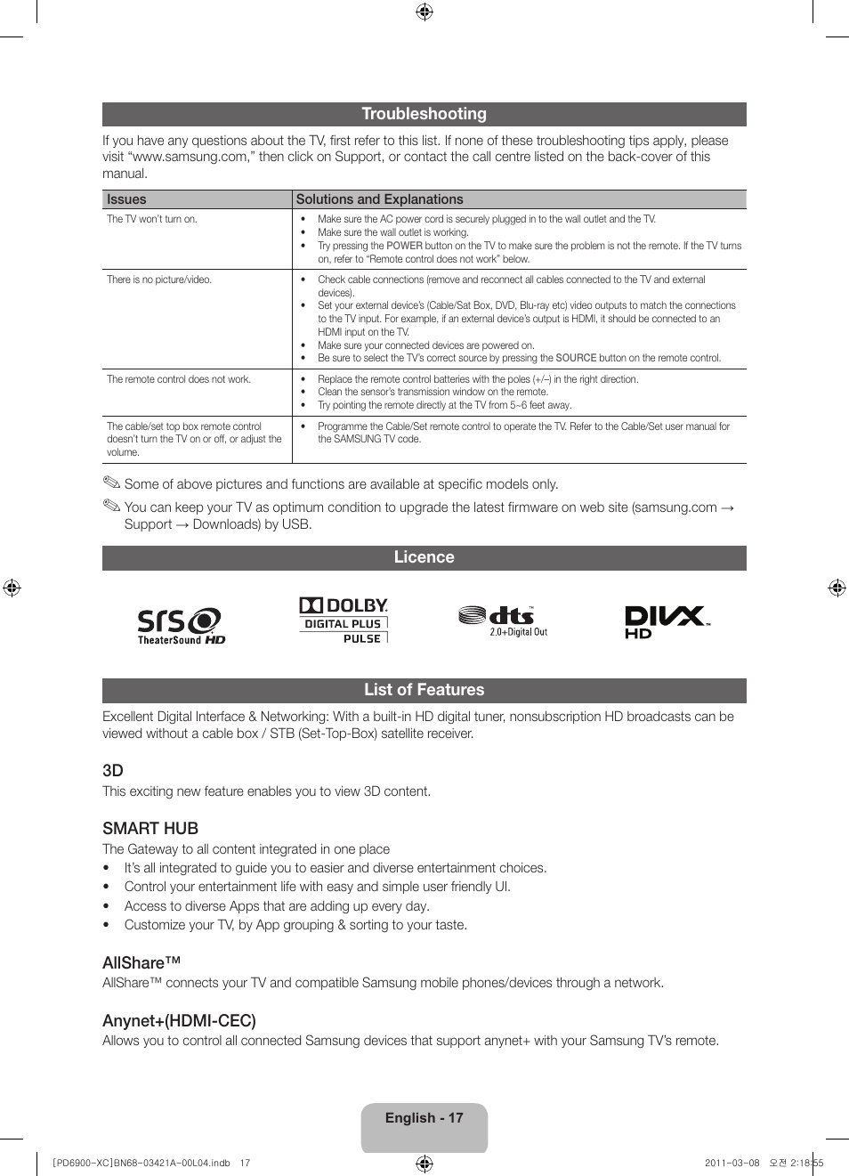 Troubleshooting, Licence list of features, Smart hub | Allshare, Anynet+(hdmi-cec) | Samsung PS51D6900DS User Manual | Page 17 / 78